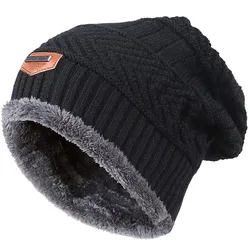 Men Warm Winter Knitted Beanie Hat Fleece Sullies Cap Black  Male Casual Thick Soft  Head Warmer