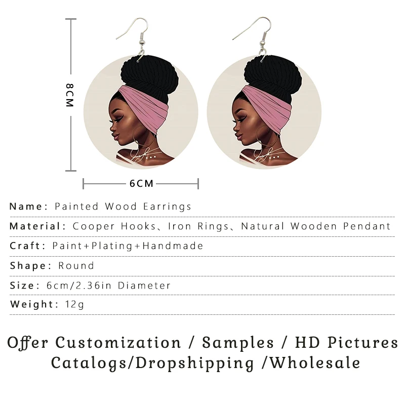 SOMESOOR 6CM Flat Round Custom African Wooden Drop Earrings Dangle Afro Personalized Photo Print Pendant Jewelry For Women Gift