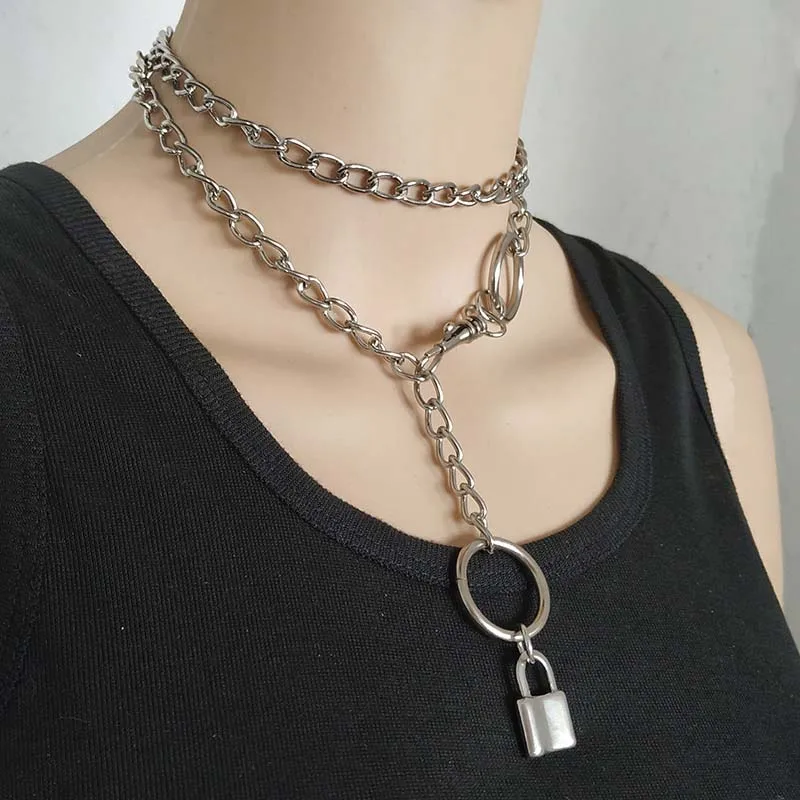 

Handmade Men Women Unisex Chain Necklace Heavy Duty Square Lock Pendant Padlock Choker Metal Collar