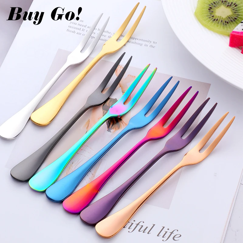 2PCS Stainless Steel Fruit Dessert Cake Fork Eco-friendly Two Tooth Dinner Salad Fork Tableware Hotel Restaurant Party Supplies