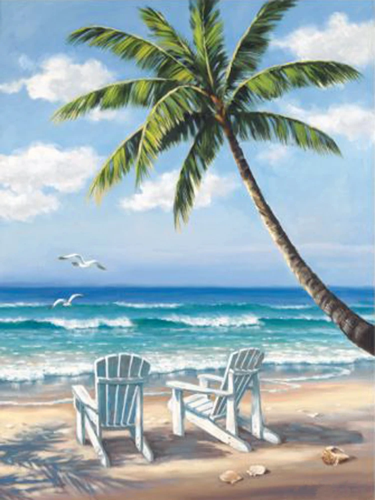 

China Skilled Artist Handmade High Quality Summer Landscape Beach Sea And Beach Chair Oil Painting On Canvas For Decorations