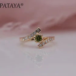 PATAYA New Special Offer White Rhinestones 585 Rose Gold Color Round Olive Green Natural Zirconia Rings Women Wedding Jewelry