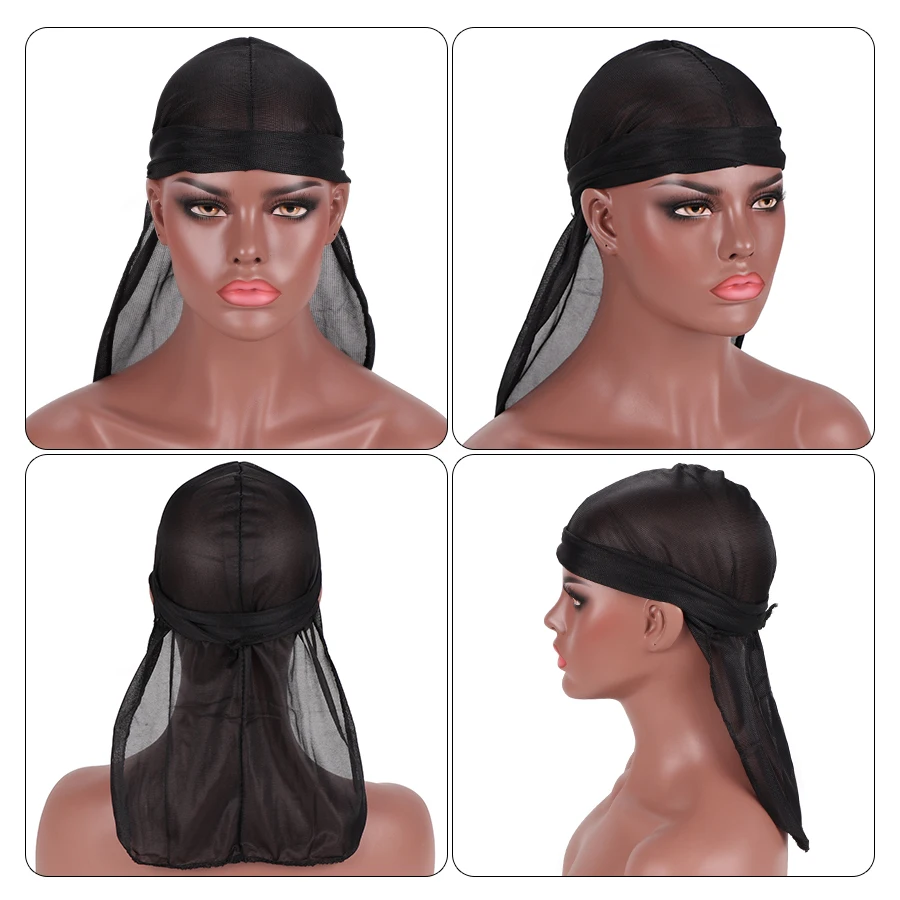 Plussign 실크 Durag 긴 꼬리 Durag 남녀공용 주름 없는 Du-Rag 100% 폴리에스터 화이트 블랙 Durag 스카프