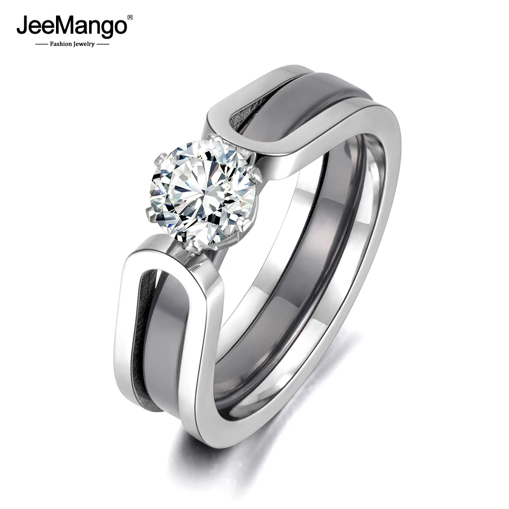 JeeMango 2 In 1 Black/White Ceramic Crystal Wedding Ring Jewelry For Women AAA Cubic Zirconia Stainless Steel Engagement JR18071