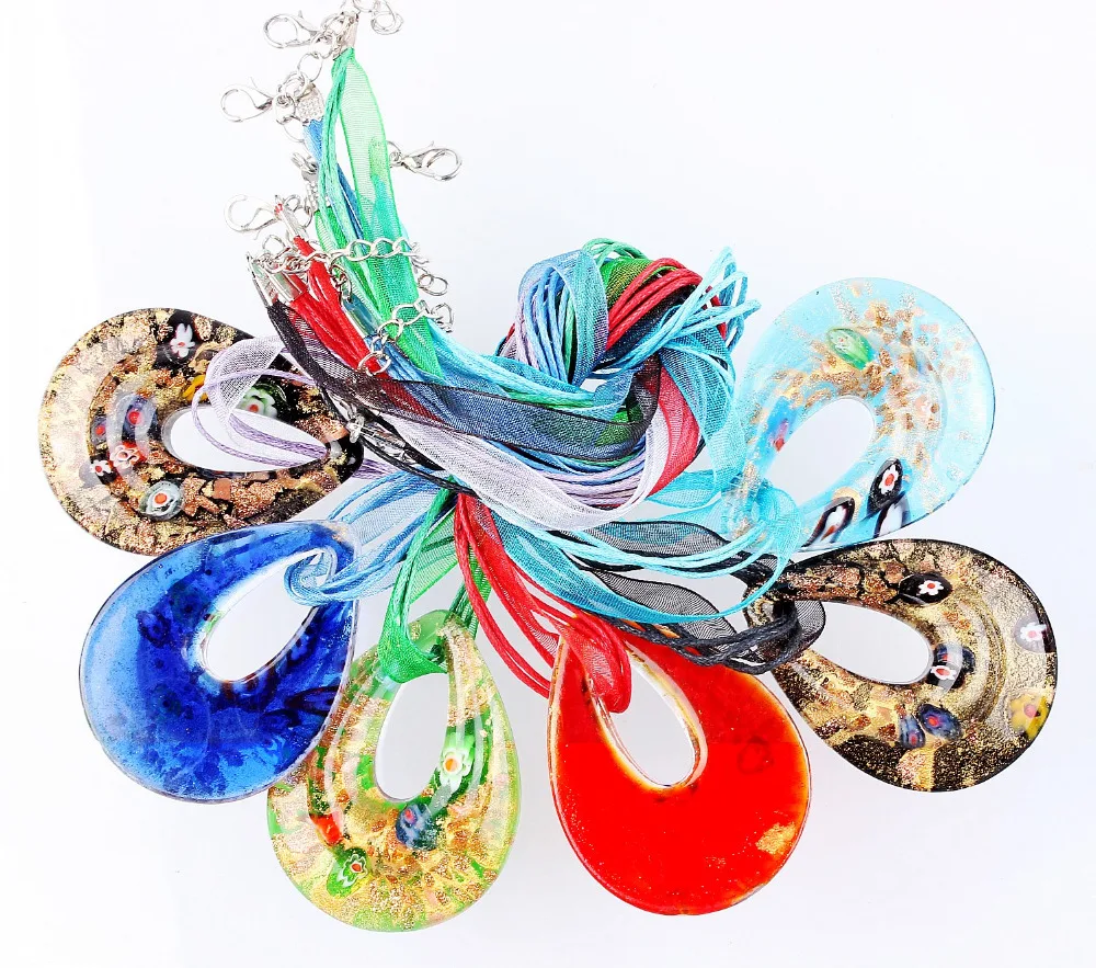 Fashion Beauty Wholesale 6pcs Handmade Murano Lampwork Glass Mixed Colorful Drop Millefiori Pendants Charms Necklaces