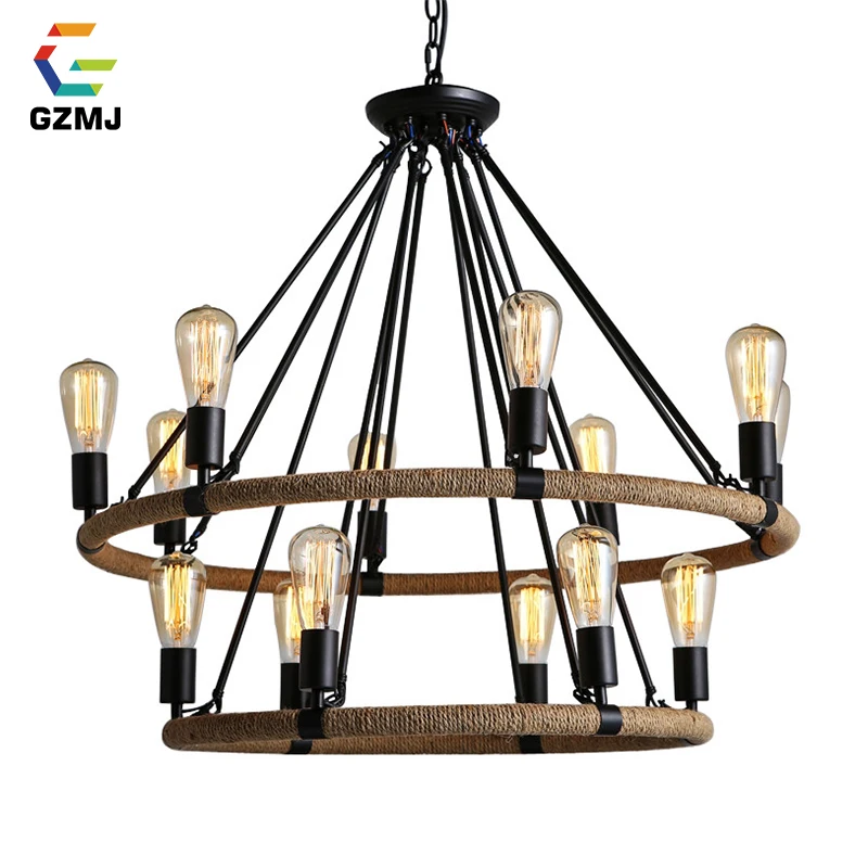 

GZMJ 6/8/14 Heads Hemp Rope Pendant Lights Vintage E27 Holder Iron Hanging Lamp Industrial Light Fixtures for Home Decoration