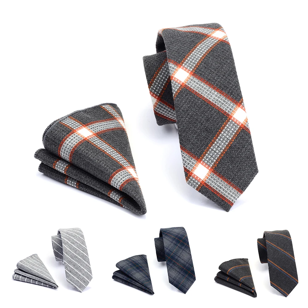 

GUSLESON Quality 6cm Cotton Ties and Pocket Square Set Plaid Slim Tie For Men Striped Skinny Necktie Suit Party Wedding