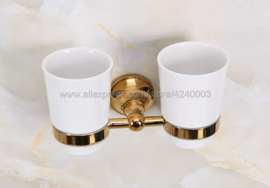 Cup & Tumbler Holders Ceramic Cup Bathroom Accessories Gold Brass Double Tumbler Holders Toothbrush Cup Holders Kba886