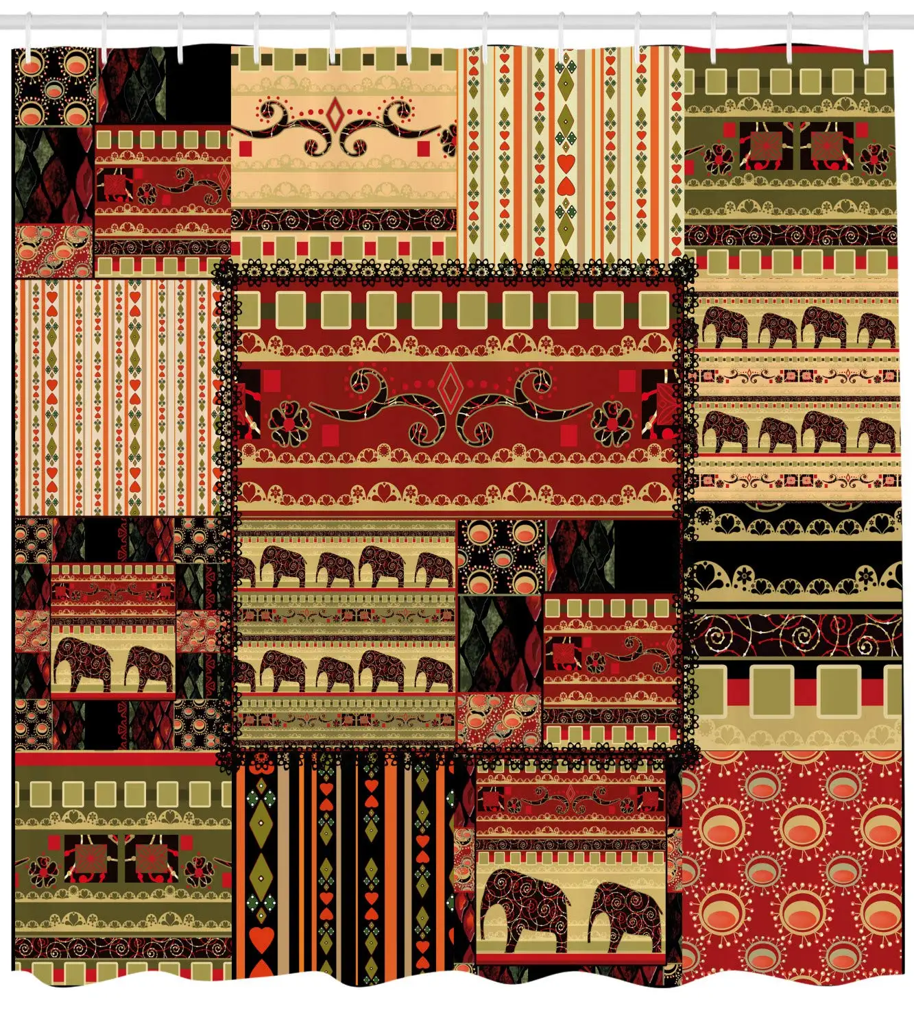 Patchwork Style Asian Pattern with Elephants and Cultural Ancient Motifs Print Fabric Bathroom Decor Set Red Green