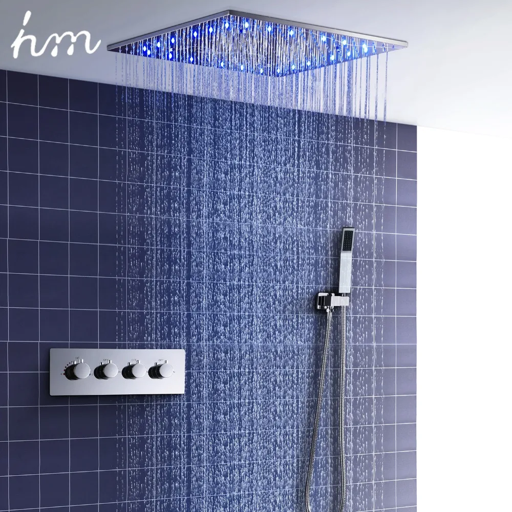 hm Ceiling LED Shower System Set 20 Inch Constant Temperature Change Bathroom Mist Rain Showerhead Thermoststic Diverter Faucets