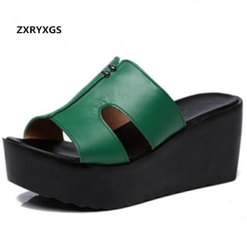 ZXRYXGS 2025 Eleganckie Wygodne Skórzane Buty Damskie Sandały Klapki Platformy Koturny Letnie Sandały Damskie