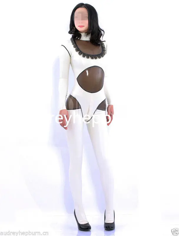 Tuta in gomma lattice Gummi Ganzanzug tuta bianca e caffè in generale Zentai XS-XXL