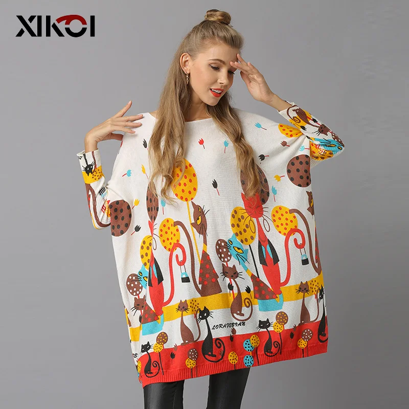 XIKOI Winter Cats Sweater For Women Oversized Pullovers Knitted Long Beautiful Jumper Fashion Printed Pull Femme O-Neck Clothes