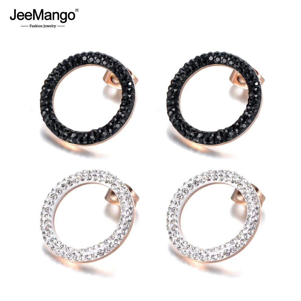 JeeMango Stainless Steel Jewelry White/Black Clay Cystal Earrings Rose Gold Color Round Shape Christmas Gift Pendientes JE18455