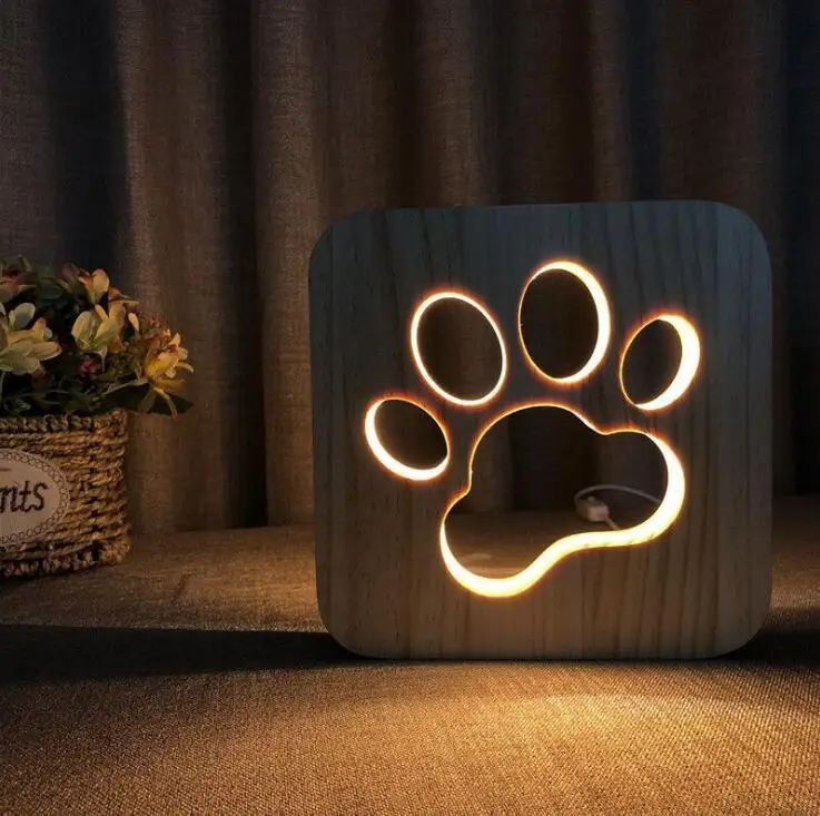 Lampe 3D en bois avec patte de chien et chat, alimentée par USB, ambiance chaleureuse, effet d\'illusion, luminaire décoratif idéal pour une chambre