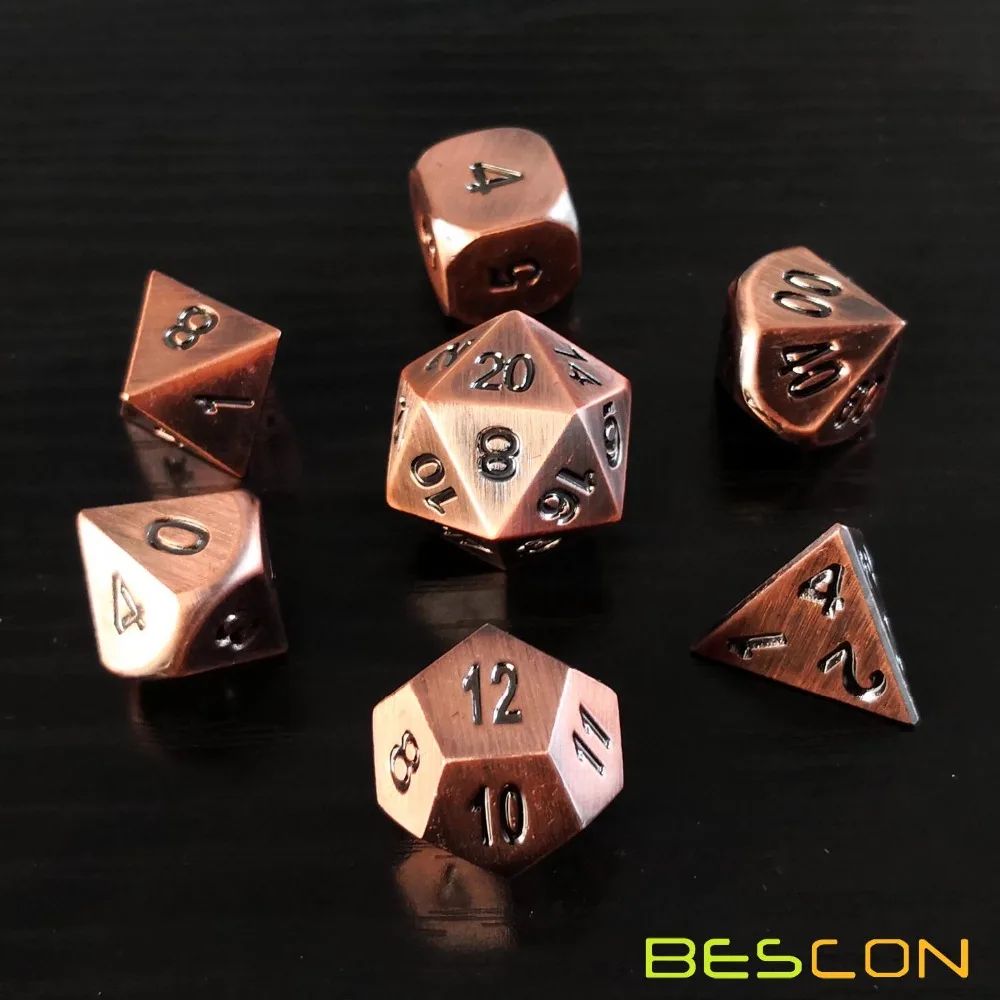 Conjunto de dados de metal sólido de bronze antigo resistente de bescon, jogo metálico antigo dos dados de d & d rpg do polyhedral 7 pces conjunto