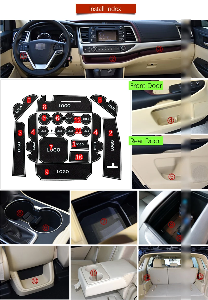 Anti-Slip Gate Slot Mat Rubber Coaster for Toyota Highlander 2014 2015 2016 2017 2018 2019 XU50 Kluger Accessories Car Stickers