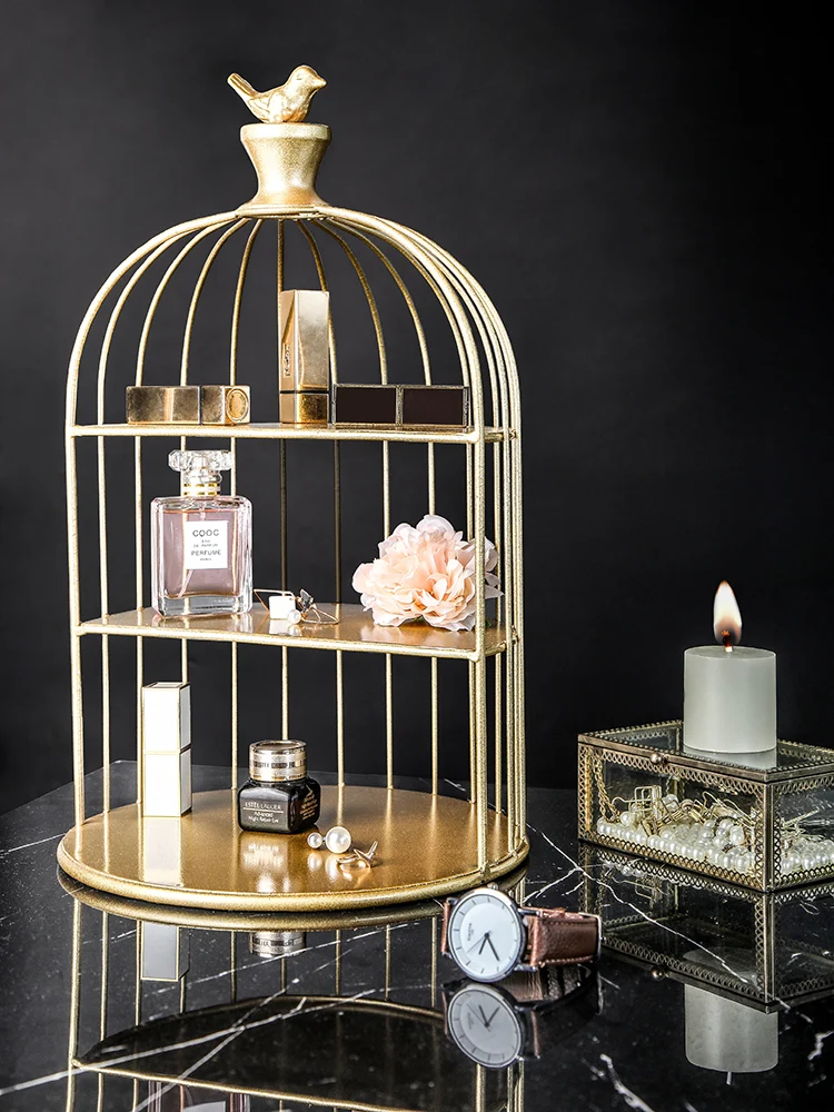 Nordic Gold Ornaments Creative Wrought Iron Dessert Bird Cage Retro Makeup Storage Rack