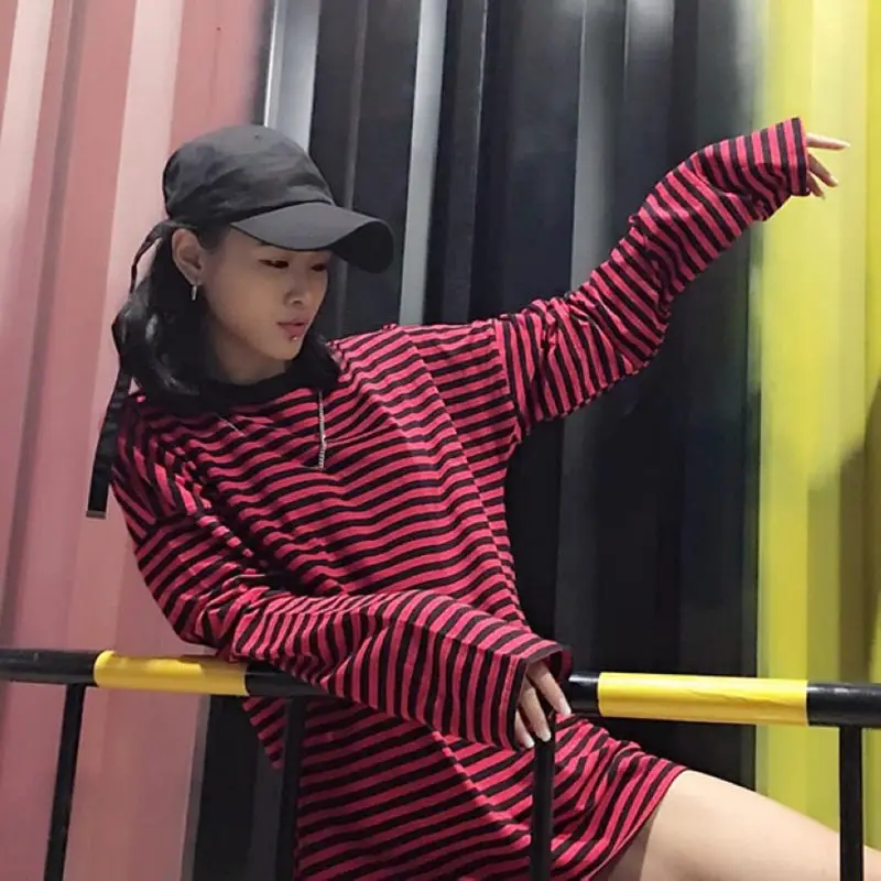 Women Men Fashion Brand Korea Style Vintage Black Red Stripe Ulzzang Harajuku O-neck Long Sleeve T-shirts Female Casual Tshirts