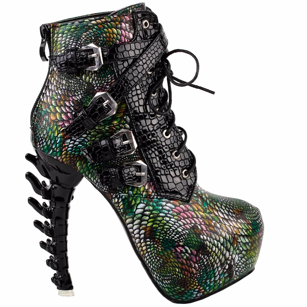 LF80648 Sexy Punk Design Brown Snake Pattern Bone High Heel Platform Ankle Boots Black