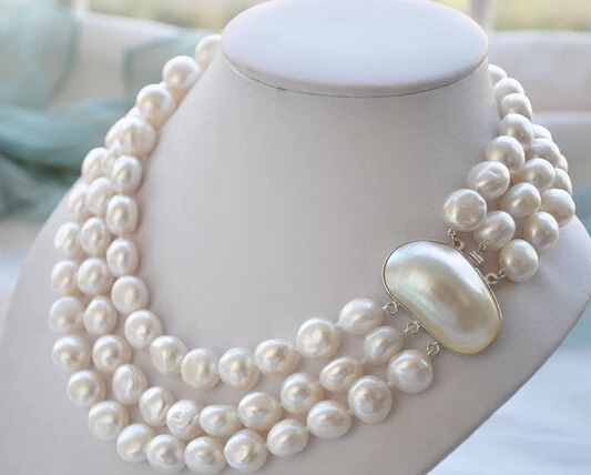 

FREE SHIPPING N3571 3ROW BAROQUE WHITE FRESHWATER PEARL NECKLACE MABE