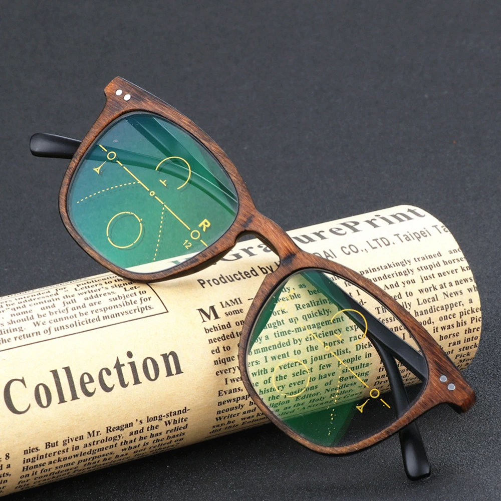 

SCOBER = Retro Faux wood grain frame Intelligence Progressive Multifocal Commercial Reading Glasses Bifocal +1 +1.25 TO +3