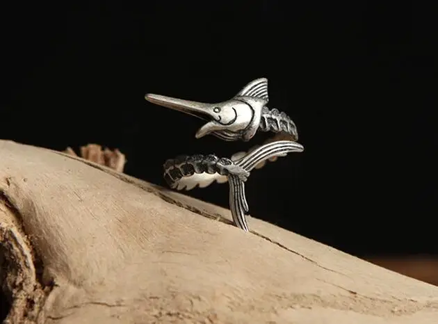 ゴシックパンクロックソリッド 925 スターリングシルバーリングオープン魚調節可能なリング男性の女性のヴィンテージジュエリー