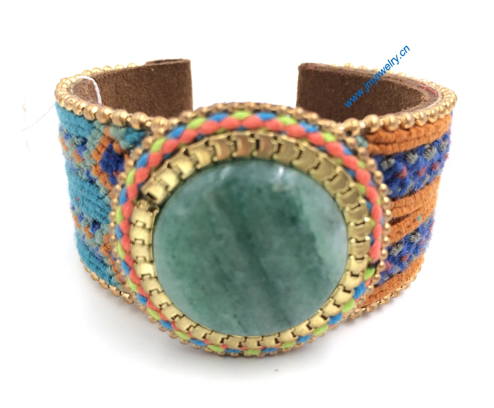 New European Jewelry Suppliers handmade leather  weaving bracelet Phosphorus stone wide bracelet  for women