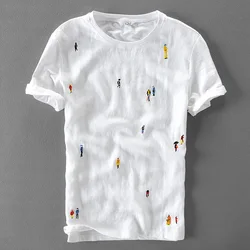 Designer cartoon embroidery stitching linen short sleeve T-shirt men brand casual round neck white t shirt for men camiseta