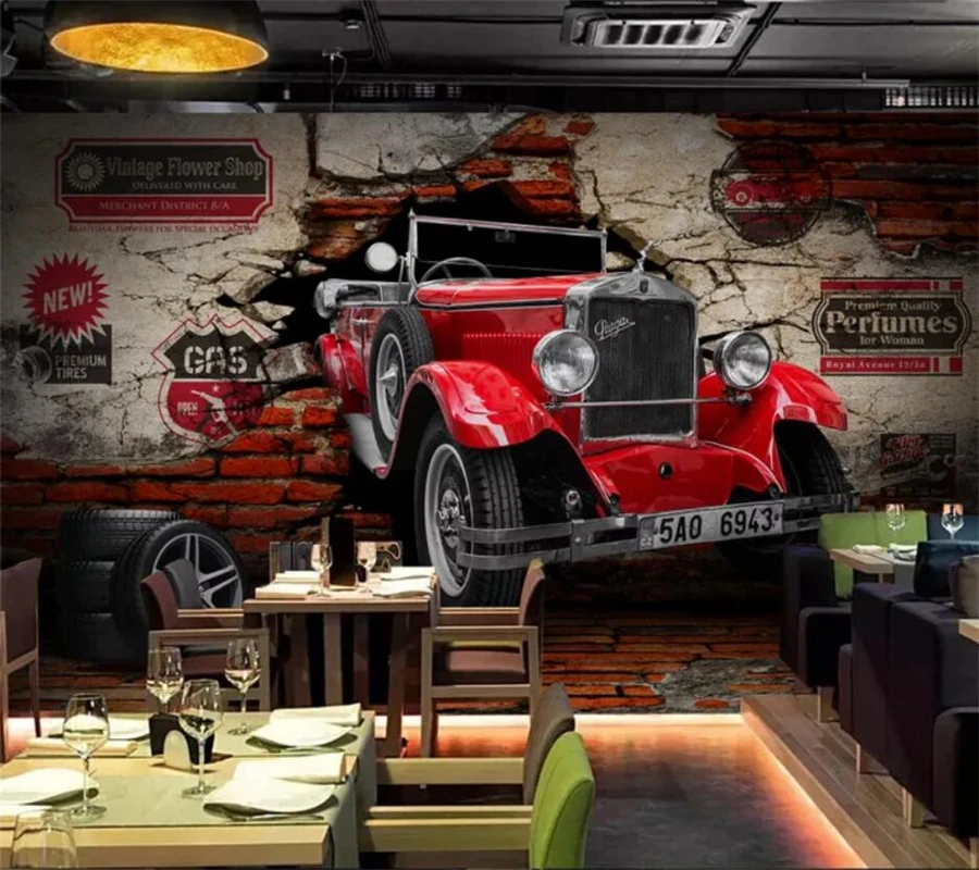 wellyu Custom wallpaper 3D murals solid wall painting retro classic car broken wall restaurant hotel обои background wall paper