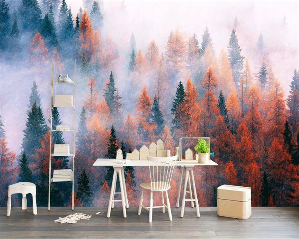 

Beibehang Custom wallpaper Nordic hand-painted forest trees nature landscape TV background wall decorative painting 3d wallpaper