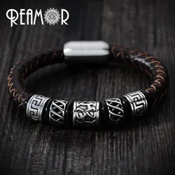 REAMOR Trendy Men Black Leather Bracelet 316l Stainless steel Viking Bead Punk Bracelets with Strong Magnet Clasp