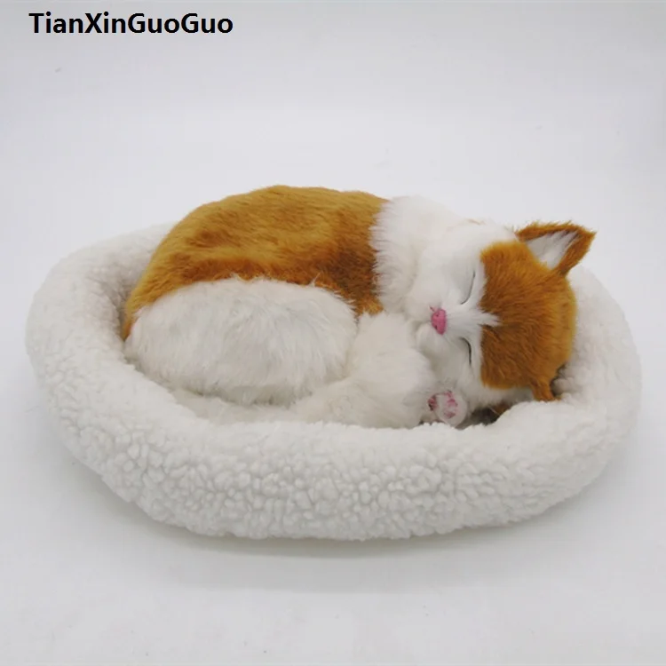 

26x17cm white&yellow sleeping cat hard model polyethylene&furs breathing cat prop,home decoration toy gift s1808