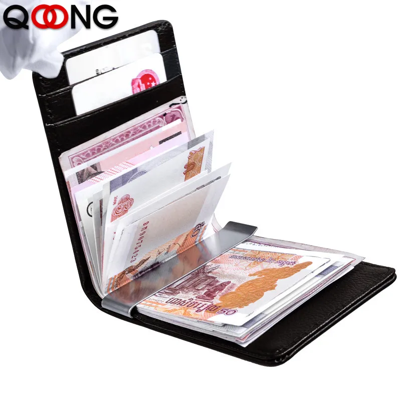 QOONG-Porte-cartes de visite en cuir véritable pour hommes, porte-cartes d'identité et de nom, portefeuilles simples, porte-monnaie, pince à billets, marque de créateur