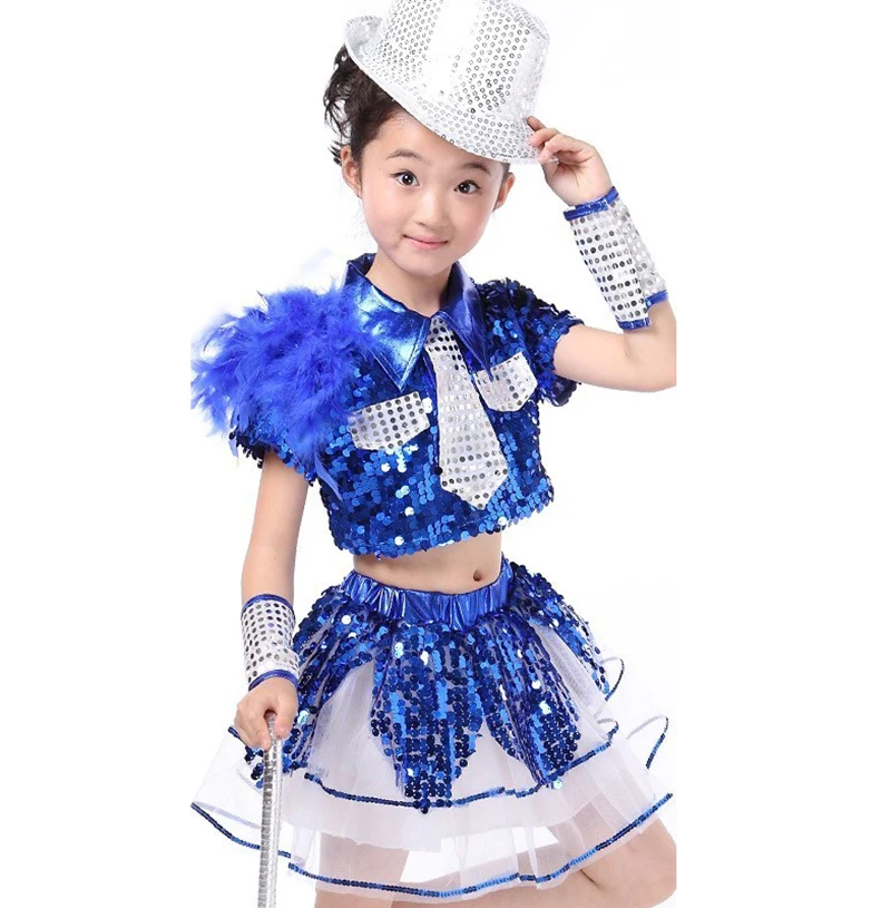 Girl Blue Dance Sequin Jazz Dance Costume Children Girls Jazz Dance Performance Shirt Skirt Hip Hop New Kid Girl Jazz Dancewear