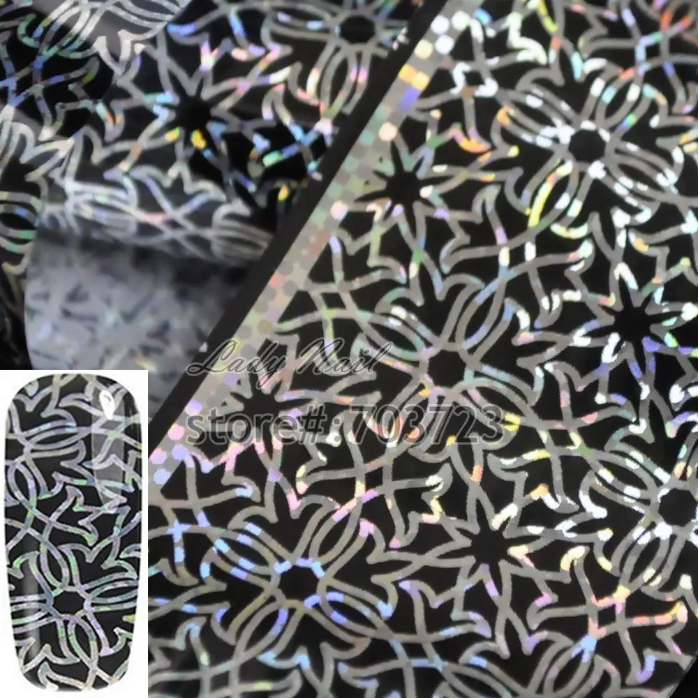 Laser Silver Black Abstract Flower Nail Art Transfer Foil Paper Tip Sticker Nails Craft Decoration New Fashion Design GL55