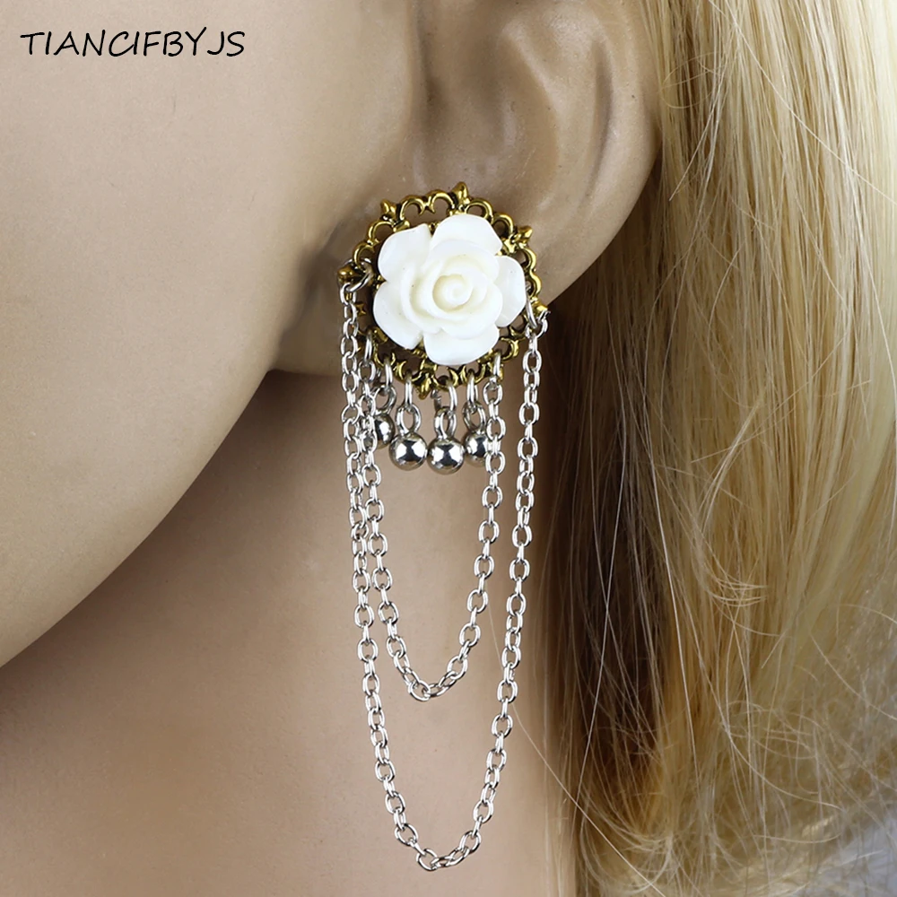 TIANCIFBYJS Flower Chain Fit Single Flared Ear Gauges Tunnels Steel Body Jewelry Piercing Lobe Strecher Earring  Expander 60pcs