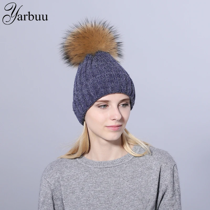 [YARBUU]2017 Brand hat Female Beanie Skullies Autumn And Winter Caps for women real mink pom poms wool rabbit fur knitted hats