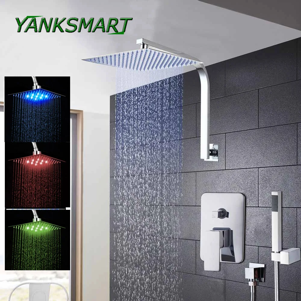 

YANKSMART Gooseneck Wall Mount 6 8 10 12 16 Inch Shower Head Set with Control Valve Hand Sprayer Chrome Polished Bathroom Kit