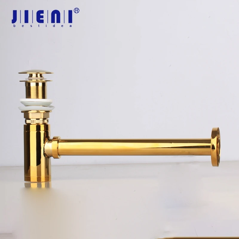 JIENI Golden Brass Cupc Bottle Trap Pop up Basin Waste Drain Basin Faucet P-Trap Waste Pipe Into the wall drainage Plumbing Tube