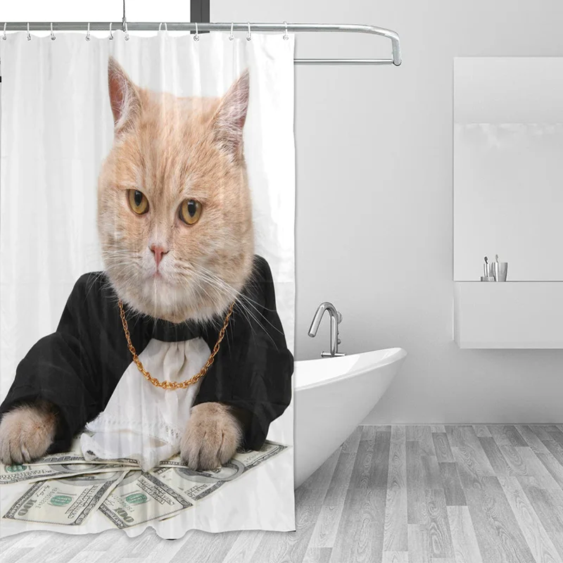 Funny Cat Counts Money Shower Curtain Waterproof Eco-Friendly Polyester Fabric Curtains for Bathroom Rideau De Douche