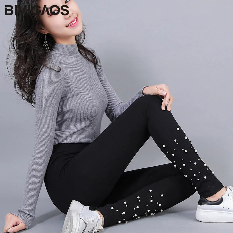 BIVIGAOS Musim Semi Musim Gugur Baru Mutiara Hitam Legging Perempuan Peregangan Kapas Olahraga Latihan Legging Tipis Slim Gothic Celana Legging