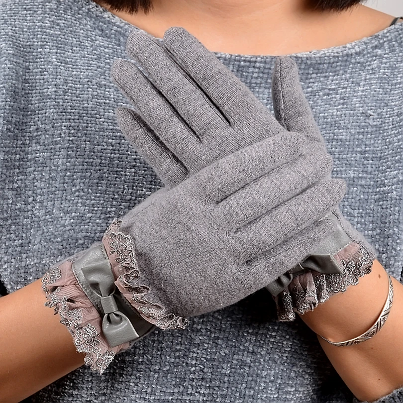 [BYSIFA] Winter Women Wool Gloves Fashion Lace Embroidery Ladies Thick Grey Gloves Sweet Large Pu Bow Tie Soft Mittens Gloves