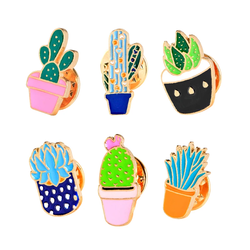 6 Pcs/set Colorful Enamel Potting Pins Set Badge For Clothes Colorful Cartoon Brooches Succulents Plant Cactus Jacket Bag DIY