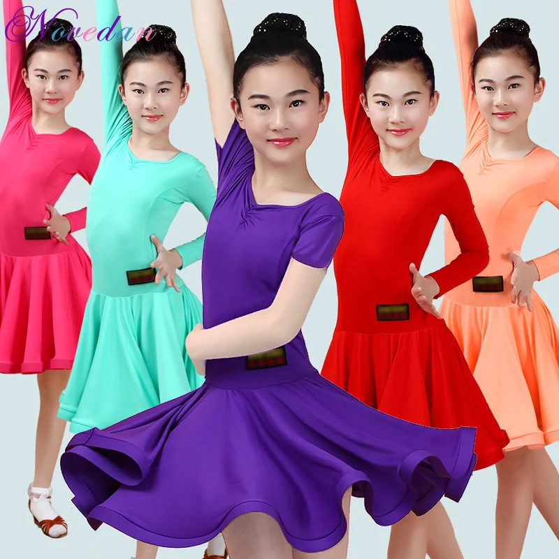 

Latin Dance Dress Girls Ballroom Skirt Dress Girls Performance Satin Long Sleeve Dance Skirt Costume Competition Dancewear