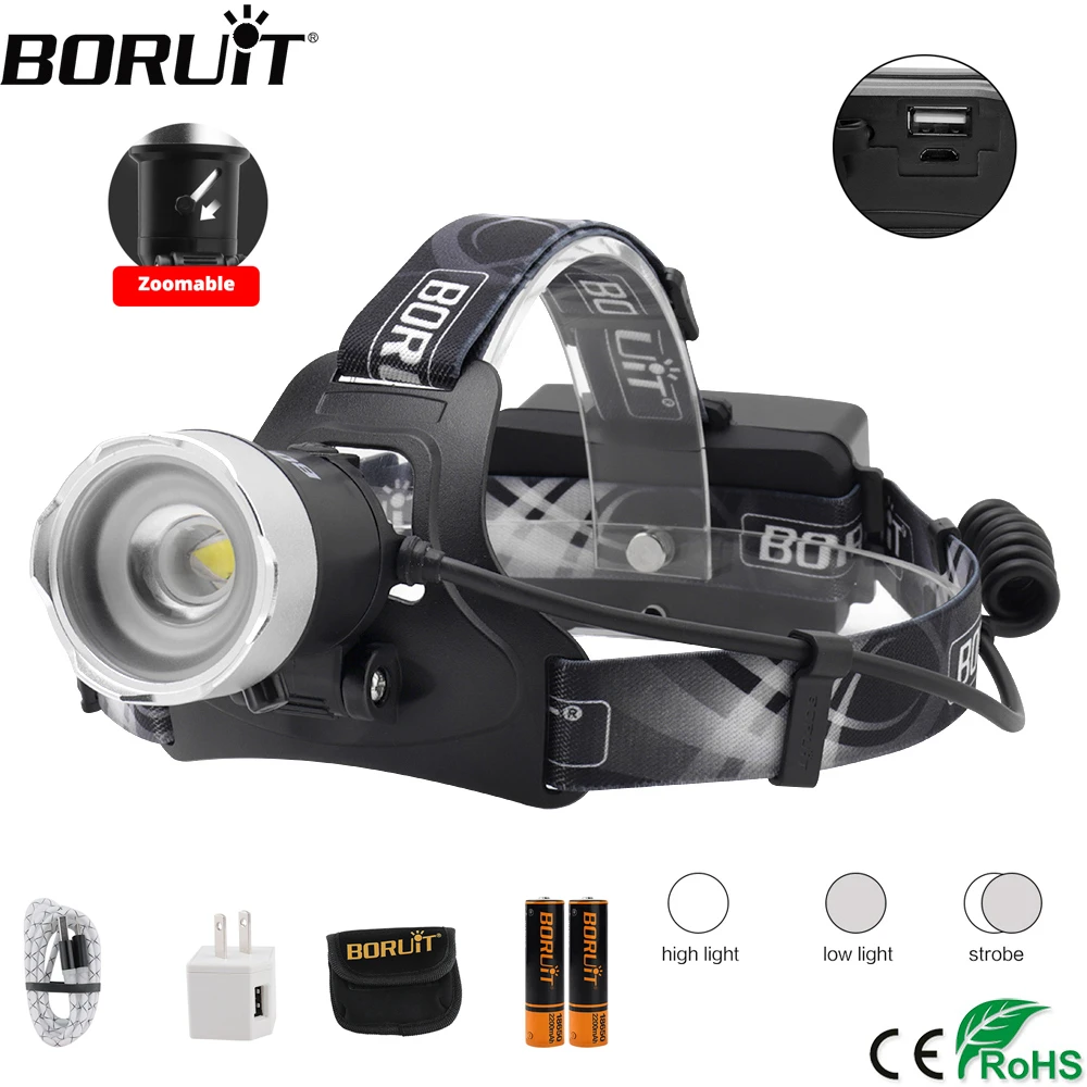 BORUiT B13 Super Bright Zoom Headlamp LED 1200LM Headlight Rechargeable Power Bank Head Torch Waterproof Camping Lantern