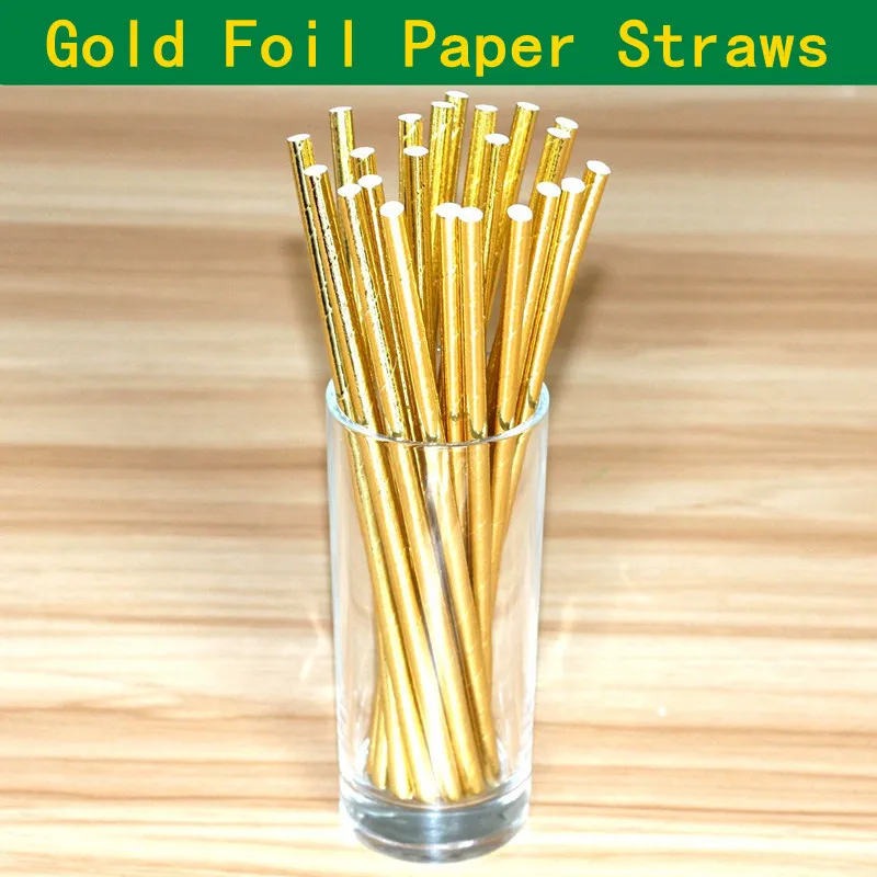 100 Pcs Plain Gold Foil Paper Straws,Solid Metallic Gold Paper Drinking Straws for Wedding,Christmas,Birthday,Shower,Pick Colors