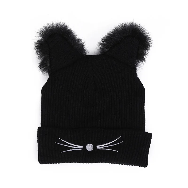 Lovely Cat Ears Women Hat Hat Knitted Acrylic Warm Winter Beanie Caps Crochet Fur 2019 New Lady Girls Female Cute Casual Beanies