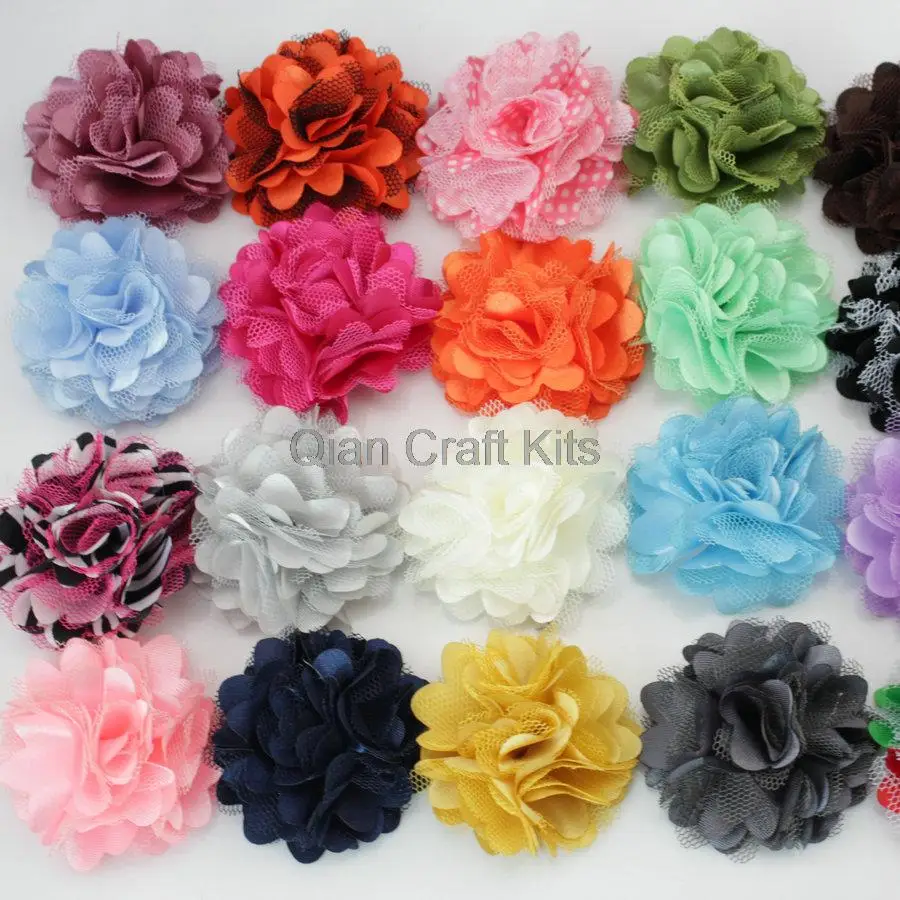 65pcs assorted satin veil cotton Flowers Rolled Rosettes for wedding decor,diy jewelry Headbands 2'' mixed colors