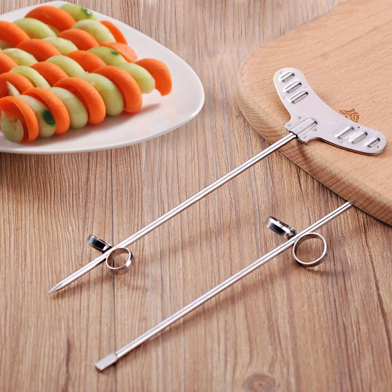 2Pcs/set Manual Spiral Screw Slicer Stainless Steel Wire Potato Carrot Cucumber Vegetables Spiral Knife Carving Tool